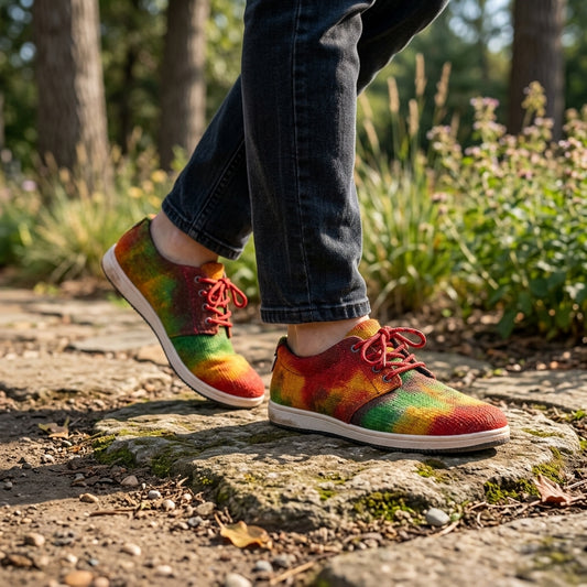 Colorful tie-dye shoes worn outdoors on a natural path.