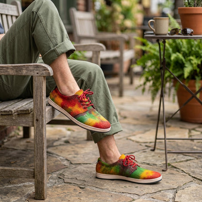 Person wearing colorful shoes sitting on a wooden bench outdoors.