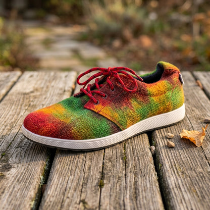 Colorful  organic sneaker with red laces on a wooden surface