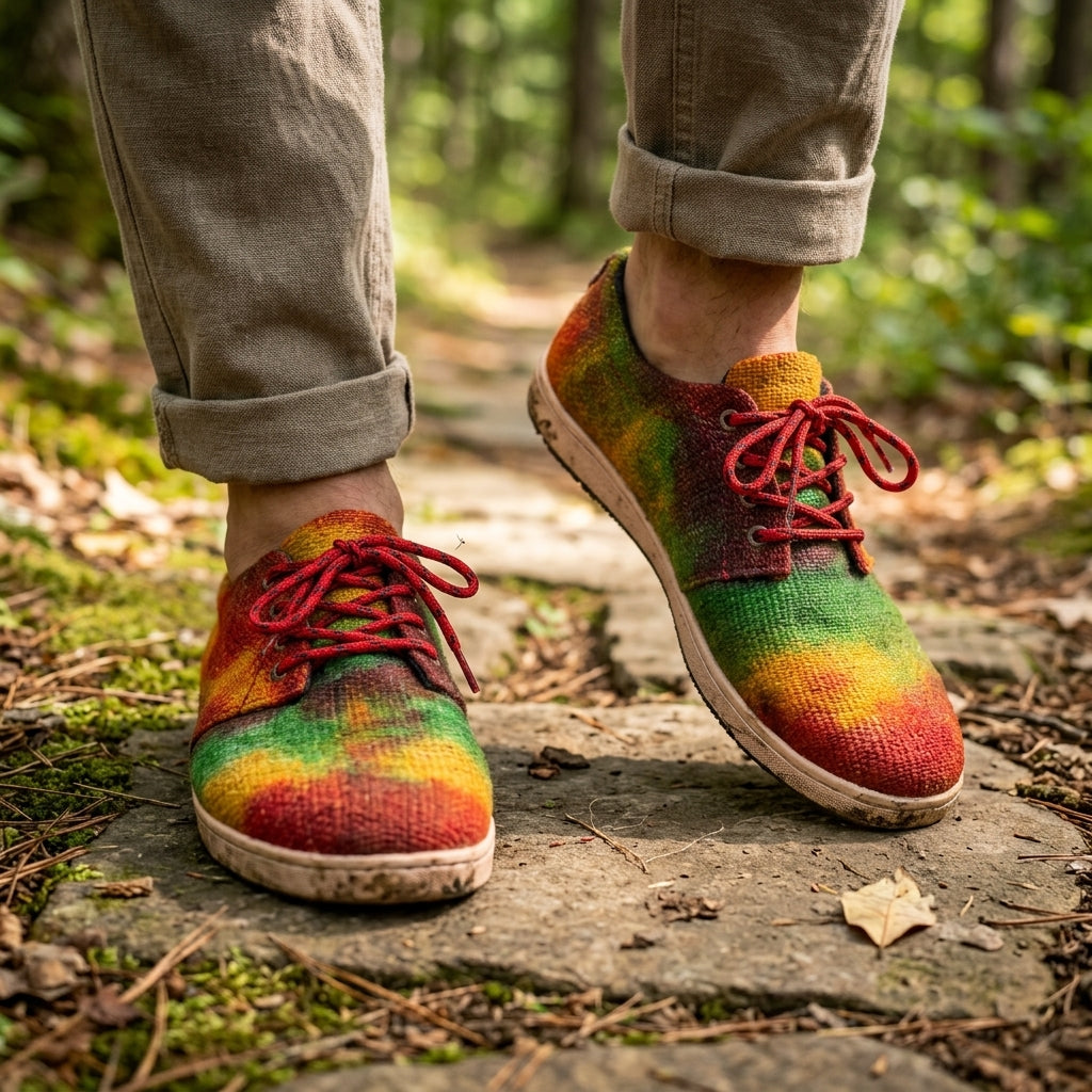 Colorful knitted shoes with red laces worn outdoors on a natural path.
