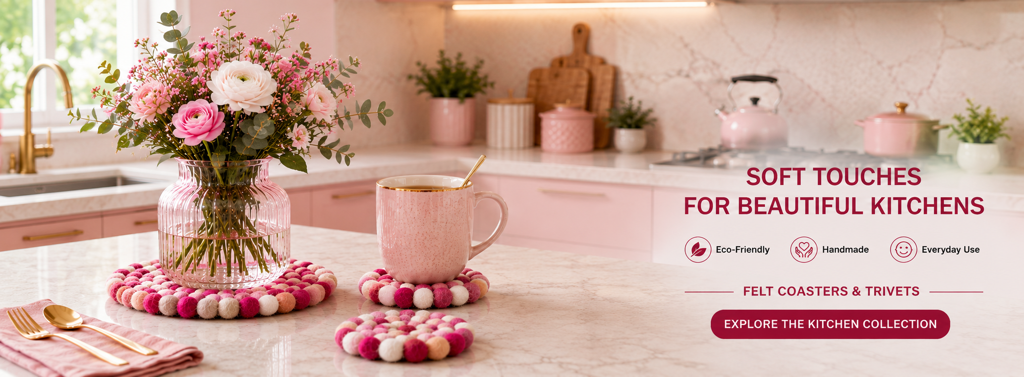 Decorative felt coasters and trivets on a kitchen counter with pink mug and flowers.