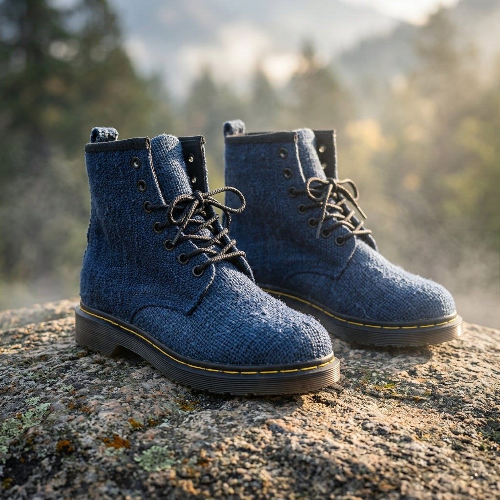 Eco - Friendly Handmade Hemp Boots Vegan Unisex All - Season Sustainable Footwear comfortable_bohemian with a mountainous background