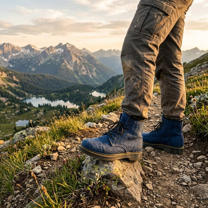 Person wearing hemp hiking boots blue worn outdoors eco friendly vegan hiking boots in  australia standing on a rocky trail with mountains and a lake in the background.