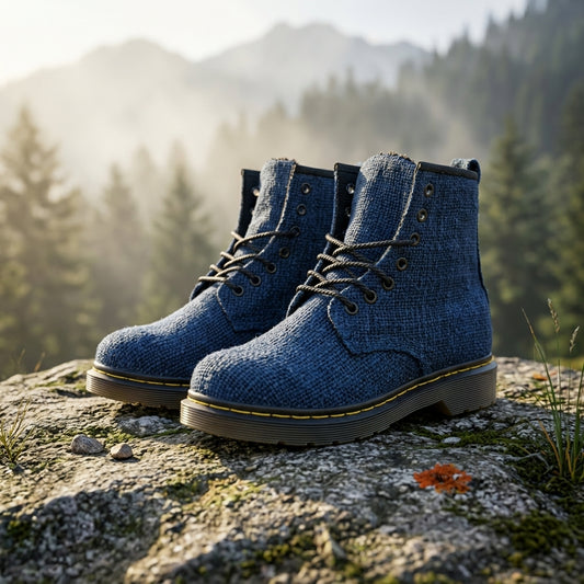 Eco - Friendly Handmade Hemp Boots Vegan Unisex All - Season Sustainable Footwear comfortable_bohemian with a mountainous background