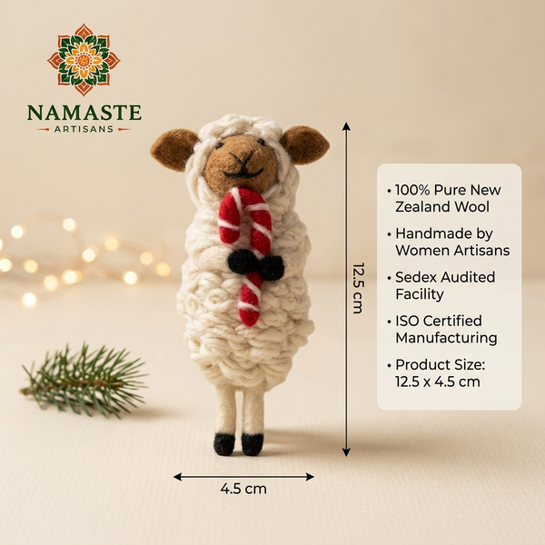 Namaste Artisans Festive Sheep with Candy Cane Wool Felt Christmas Ornament – Handmade & Shatterproof