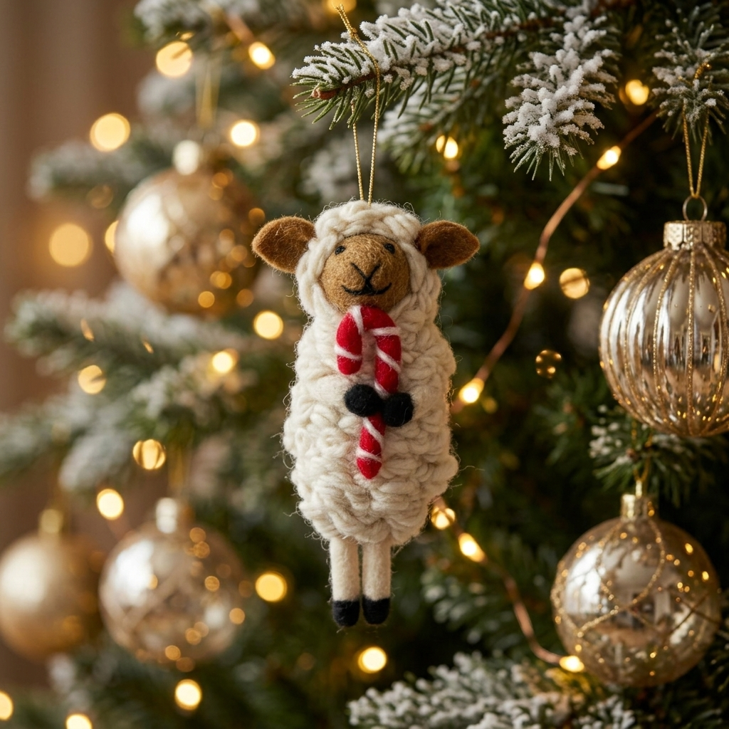 Namaste Artisans Festive Sheep with Candy Cane Wool Felt Christmas Ornament – Handmade & Shatterproof