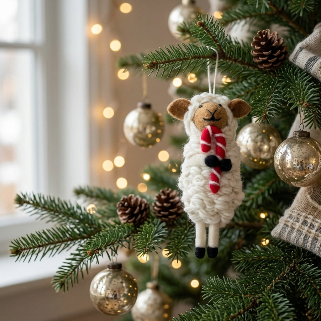 Namaste Artisans Festive Sheep with Candy Cane Wool Felt Christmas Ornament – Handmade & Shatterproof