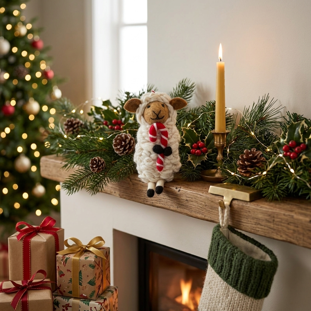 Festive Sheep with Candy Cane Wool Felt Christmas Ornament – Handmade & Shatterproof