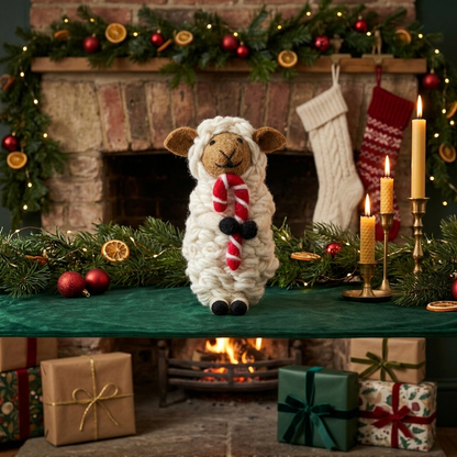 Festive Sheep with Candy Cane Wool Felt Christmas Ornament – Handmade & Shatterproof