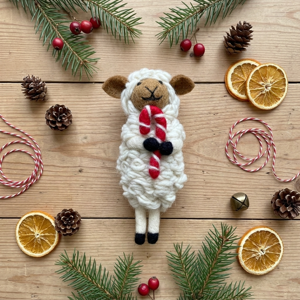 Namaste Artisans Festive Sheep with Candy Cane Wool Felt Christmas Ornament – Handmade & Shatterproof