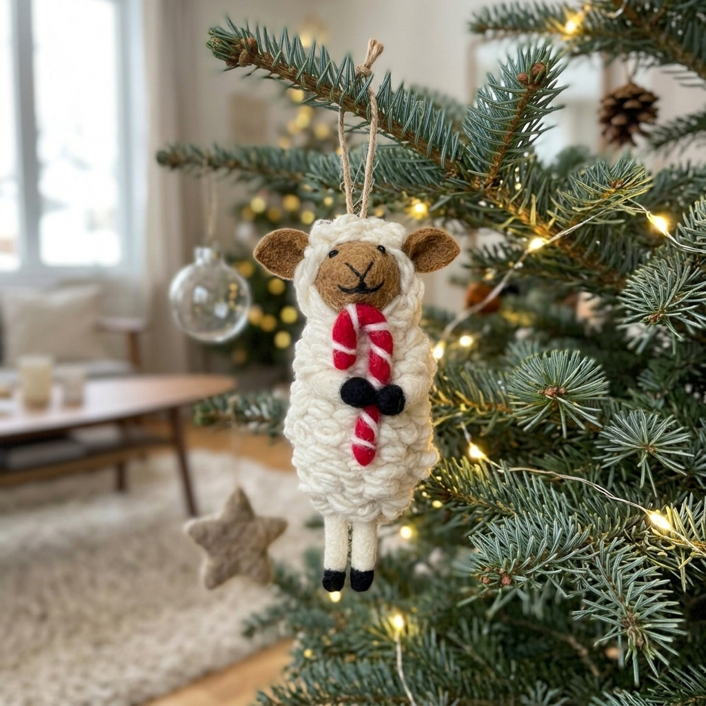 Festive Sheep with Candy Cane Wool Felt Christmas Ornament – Handmade & Shatterproof