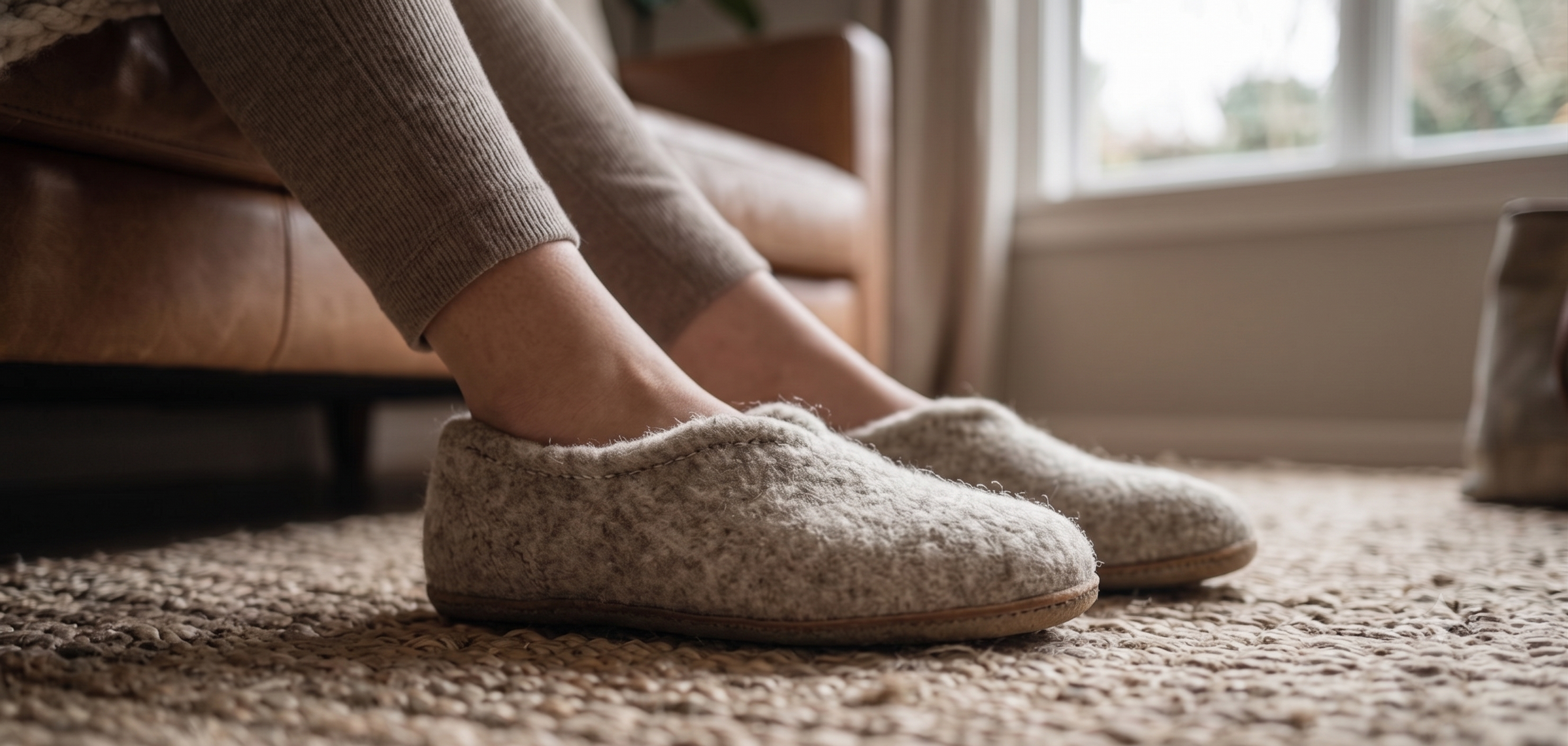 Relaxing at home in front of a fire wearing Namaste Artisans handmade wool felt slippers