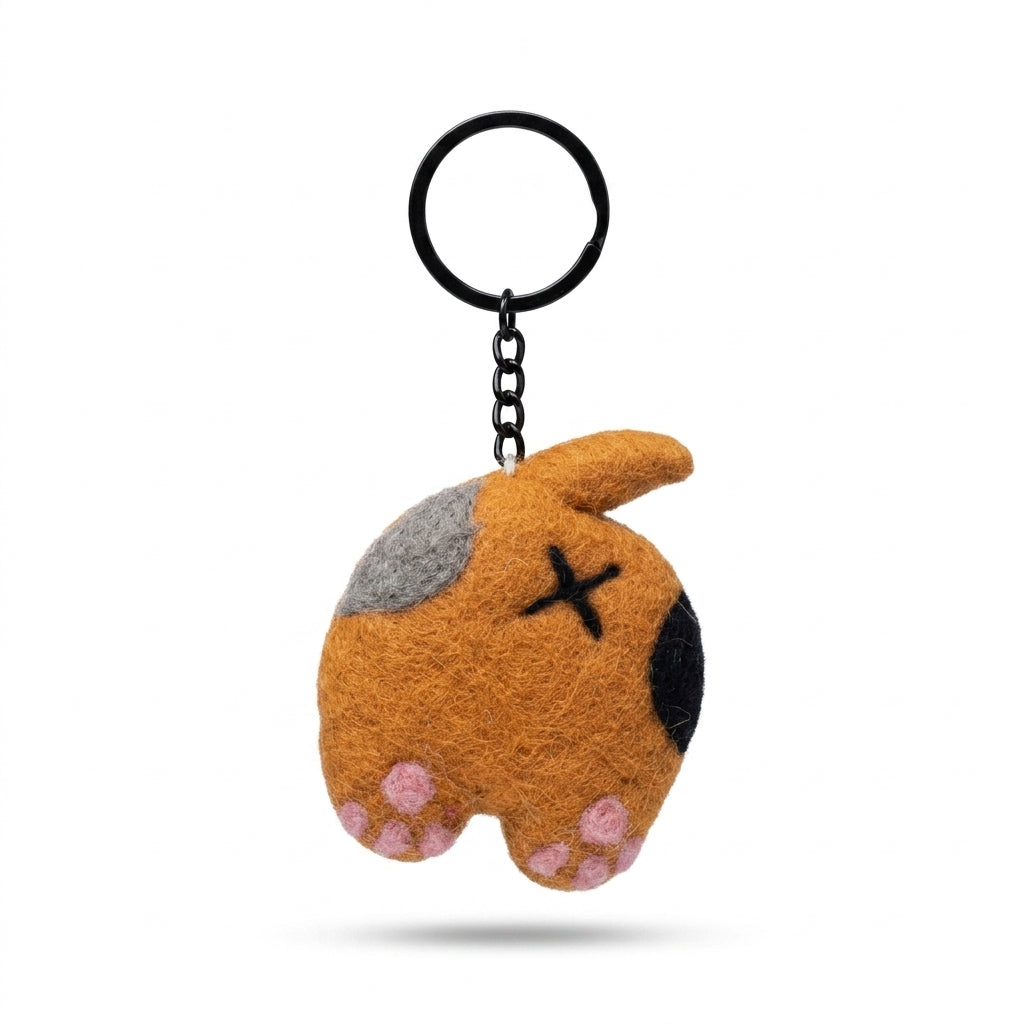 Ginger and black wool felt cat back keyring a black chain on a white background