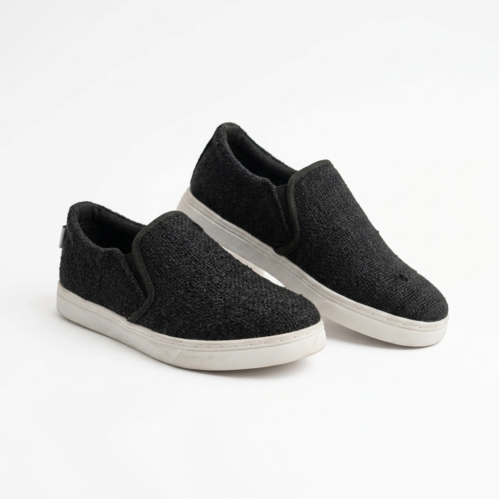 Handmade organic hemp black canvas slip-on shoes with white rubber soles