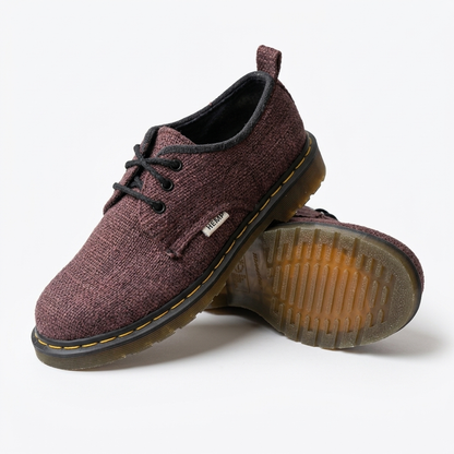 Handmade organic hemp burgundy knit lace-up shoes in a Dr. Martens-style design, showing the rubber sole