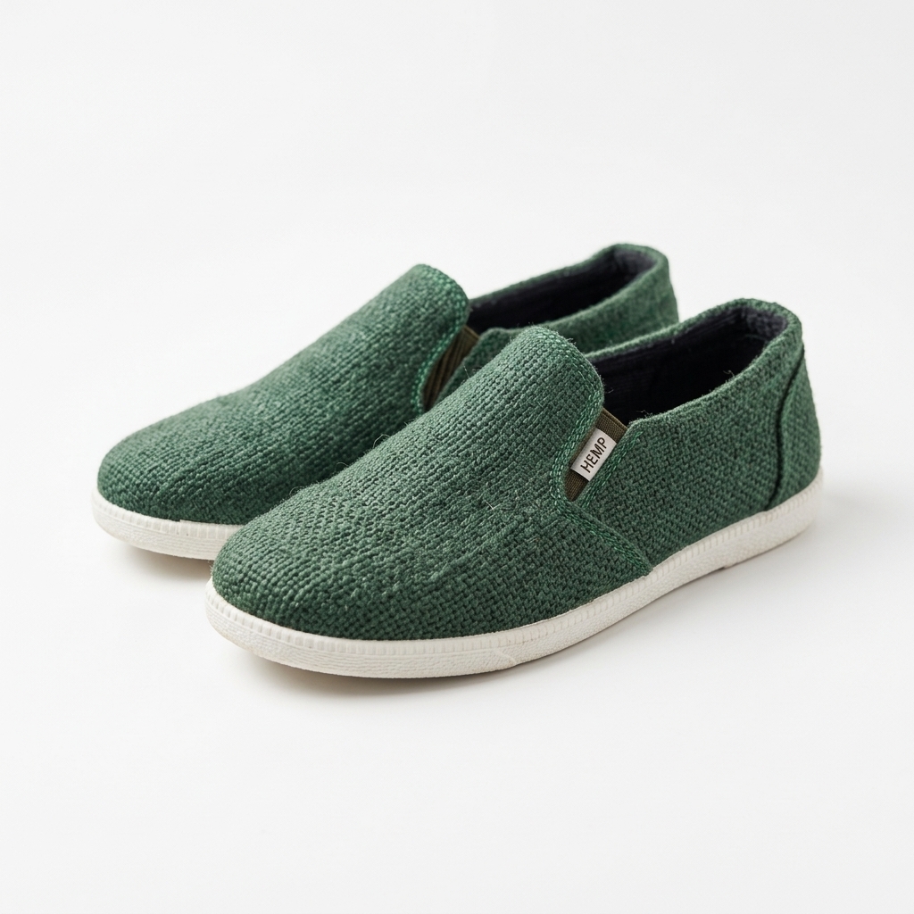 Handmade organic hemp canvas slip-on shoes in forest green with white rubber soles and brown brand tags