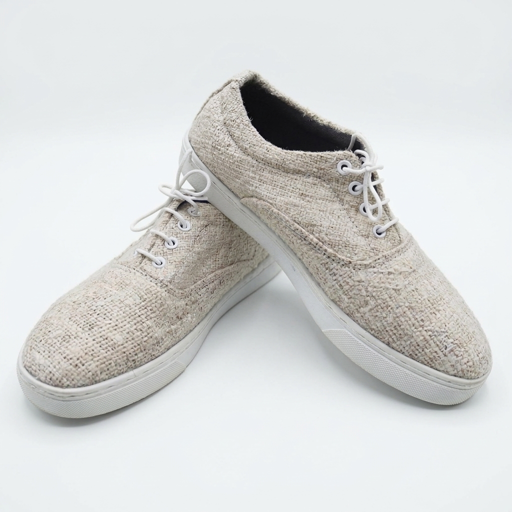 Handmade organic hemp low-top lace-up sneakers with textured woven beige uppers and white rubber soles