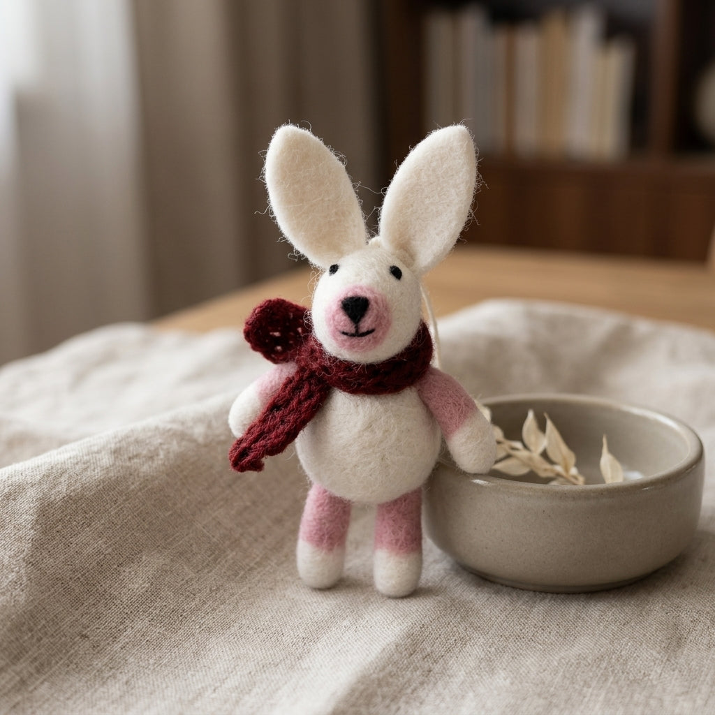 Handmade wool felt bunny ornaments in assorted scarf designs a red scarf on a textured surface with a bowl in the background
