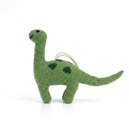 Handmade wool felt dinosaur ornament with hanging thread on a white background