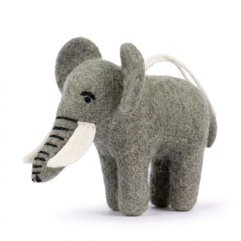 Handmade wool felt elephant ornament on a white background