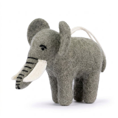 Handmade wool felt elephant ornament on a white background