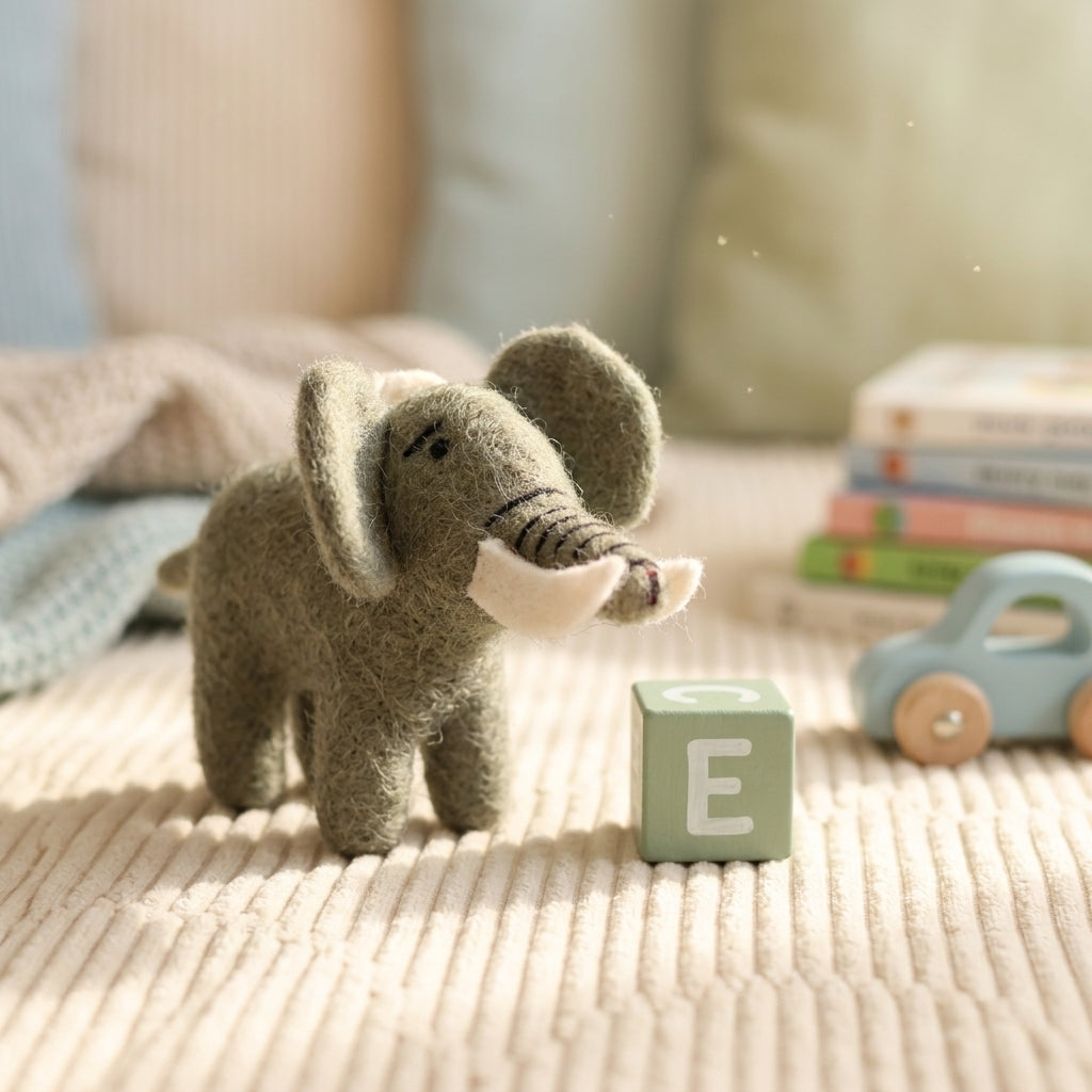 Handmade elephant felt ornament on a textured surface with a letter 'E' block and toys in the background