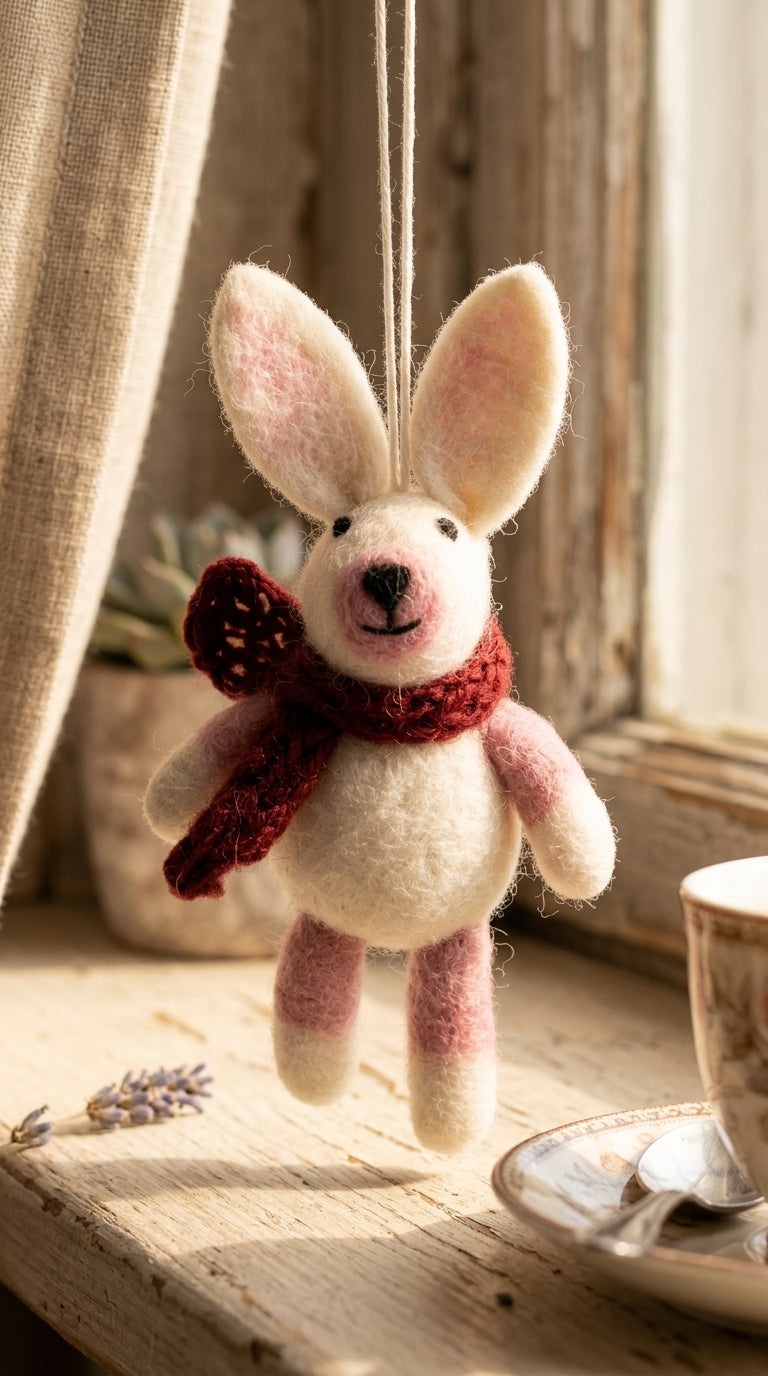 Handmade wool felt bunny ornaments in assorted scarf designs  hanging on a wooden surface.