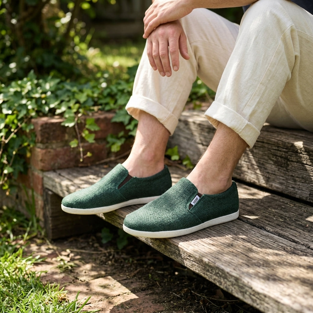 Person wearing hemp slip on shoes australia everyday casual eco friendly footwear with a natural background
