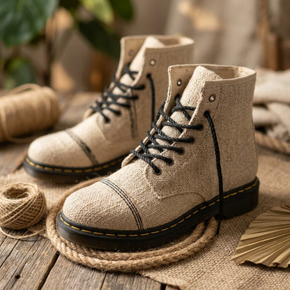 white ankle high hemp boots vegan hiking boots breathable eco footwear australia with black laces on a rustic wooden surface with jute twine.