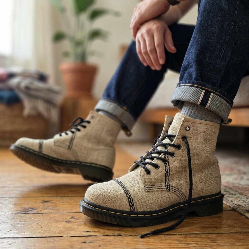 Person wearing organic hemp boots white lace up vegan footwear handmade hemp shoes australia with black soles on a wooden floor.