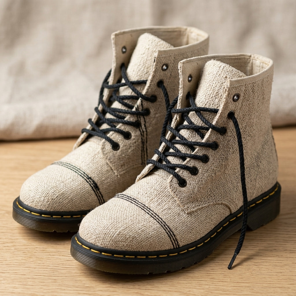 white hemp hiking boots australia handmade vegan hemp footwear  with black laces on a wooden surface