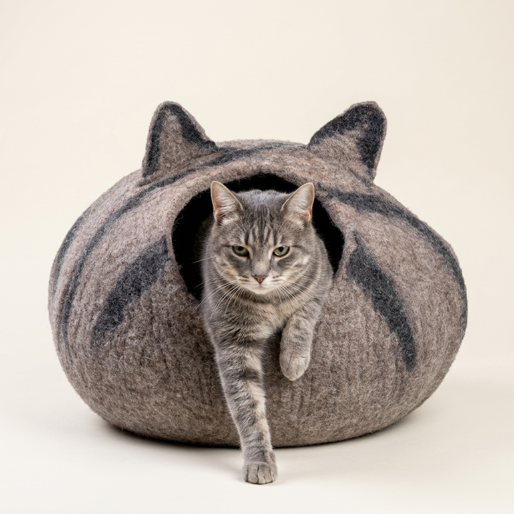 A gray tabby cat walks out of a round, cat-shaped felt cat cave with ear openings, set against a plain off-white studio background.