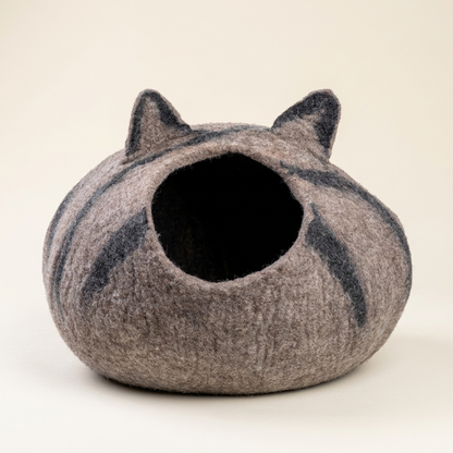 Namaste Artisans Handmade Wool Felt Cat Cave - Grey Striped Design