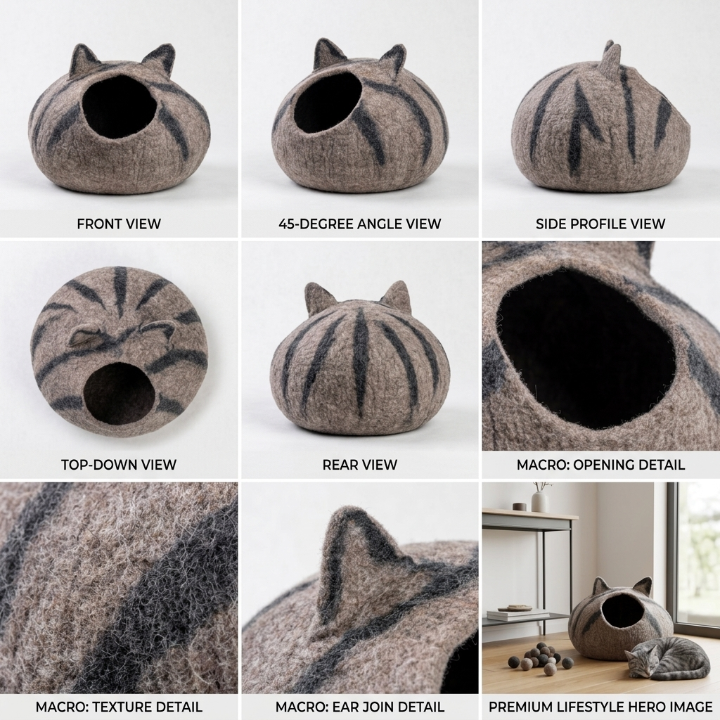 Namaste Artisans Handmade Wool Felt Cat Cave - Grey Striped Design
