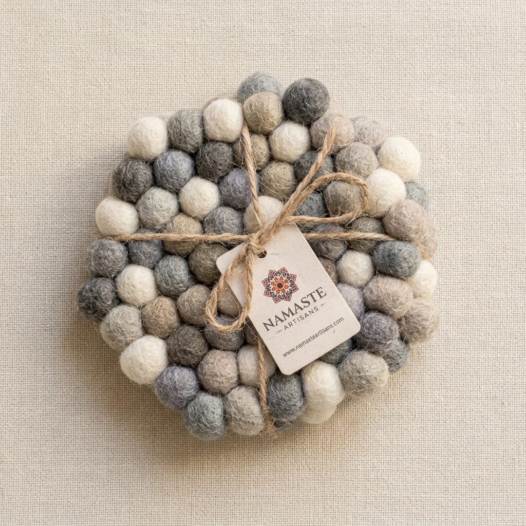 Handmade Wool Felt Ball Coasters – Neutral Grey & Sage (10 cm)