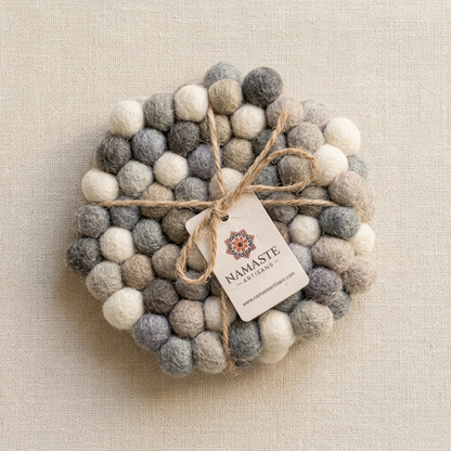 Handmade Wool Felt Ball Coasters – Neutral Grey & Sage (10 cm)