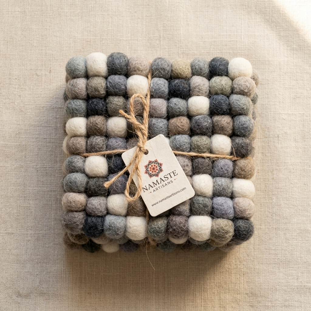 Handmade Wool Felt Ball Coasters – Neutral Grey & Sage (10 cm)
