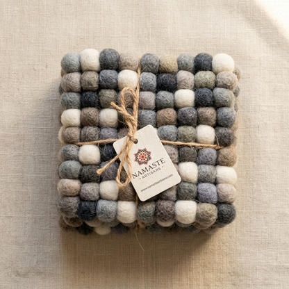 Handmade Wool Felt Ball Coasters – Neutral Grey & Sage (10 cm)