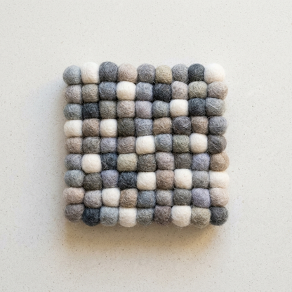 Handmade Wool Felt Ball Coasters – Neutral Grey & Sage (10 cm)