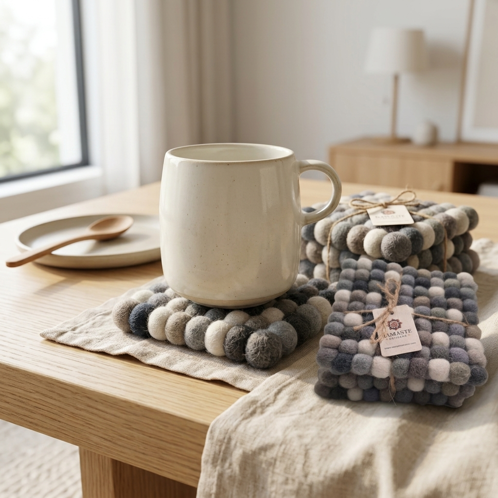Handmade Wool Felt Ball Coasters – Neutral Grey & Sage (10 cm)