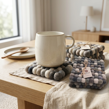 Handmade Wool Felt Ball Coasters – Neutral Grey & Sage (10 cm)
