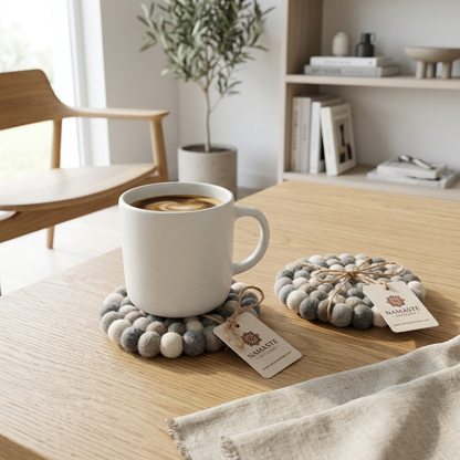 Handmade Wool Felt Ball Coasters – Neutral Grey & Sage (10 cm)
