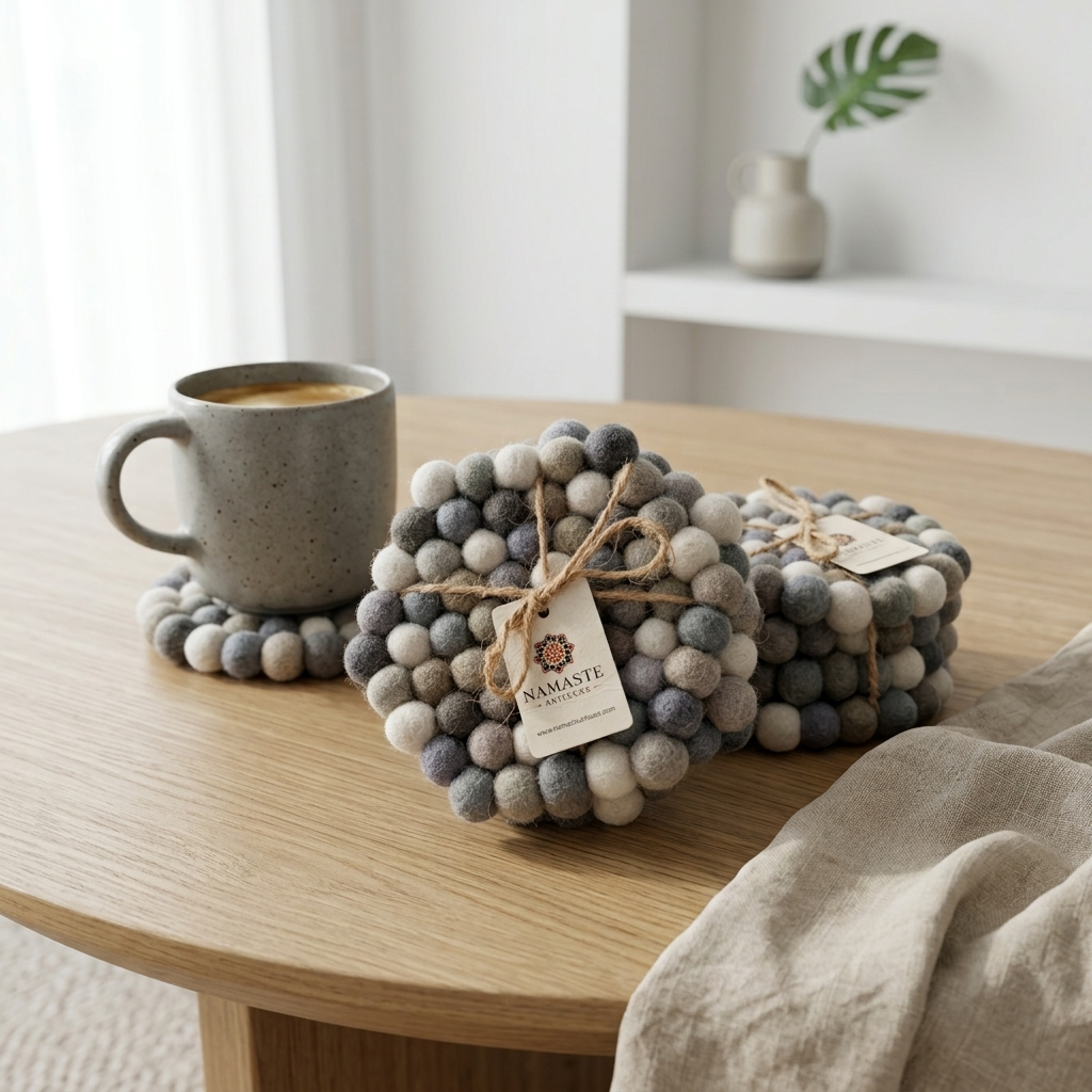Handmade Wool Felt Ball Coasters – Neutral Grey & Sage (10 cm)