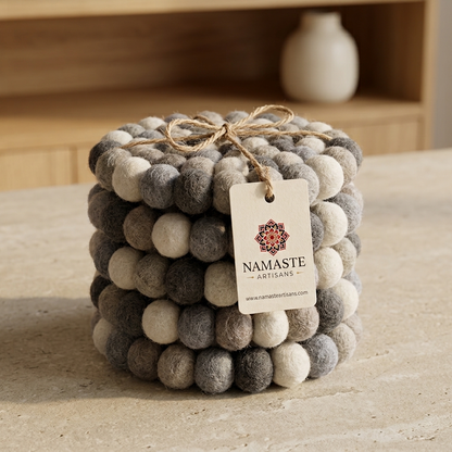 Handmade Wool Felt Ball Coasters – Neutral Grey & Sage (10 cm)