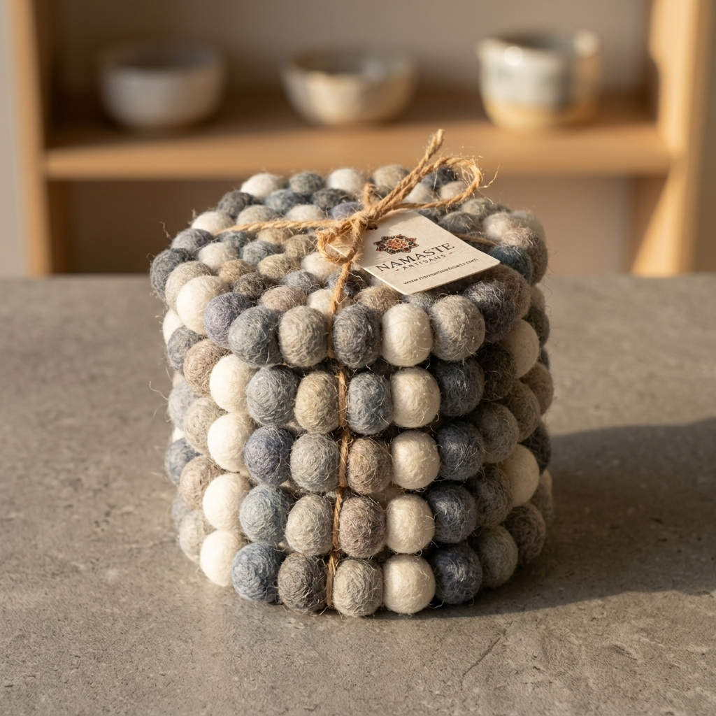 Handmade Wool Felt Ball Coasters – Neutral Grey & Sage (10 cm)