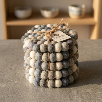 Handmade Wool Felt Ball Coasters – Neutral Grey & Sage (10 cm)