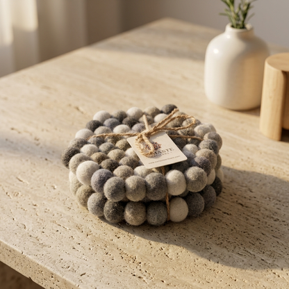 Handmade Wool Felt Ball Coasters – Neutral Grey & Sage (10 cm)