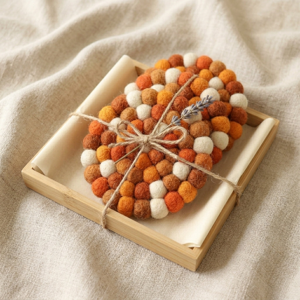 Decorative wreath with autumn colors on a wooden tray on a beige fabric background