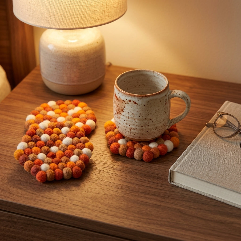Mug on a  orange coaster with a lamp and book on a wooden surface