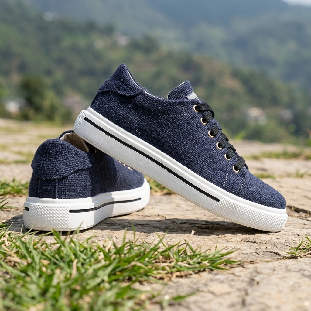 Pair of navy organic hemp canvas shoes with white natural rubber soles on a grassy stone path with blurred mountains.